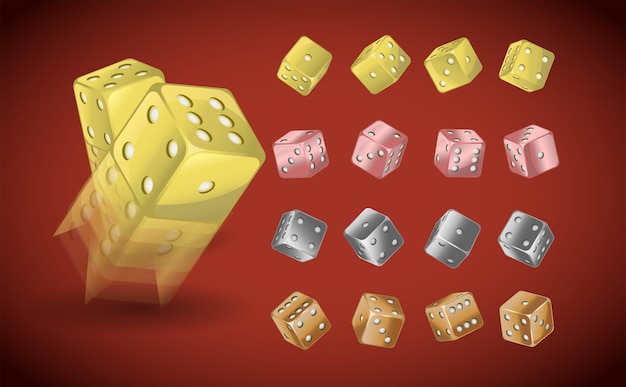 Vector 2d dice with metallic textures gold silver and copper dice on a red background