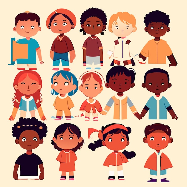 Vector 2d digital art array of multicultural kids illustrations