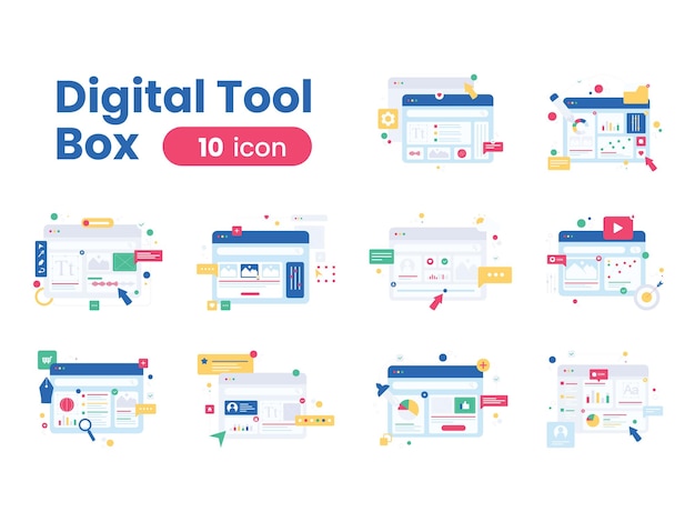 Vettore design delle illustrazioni delle icone moderne del concetto di pacchetto di strumenti digitali 2d