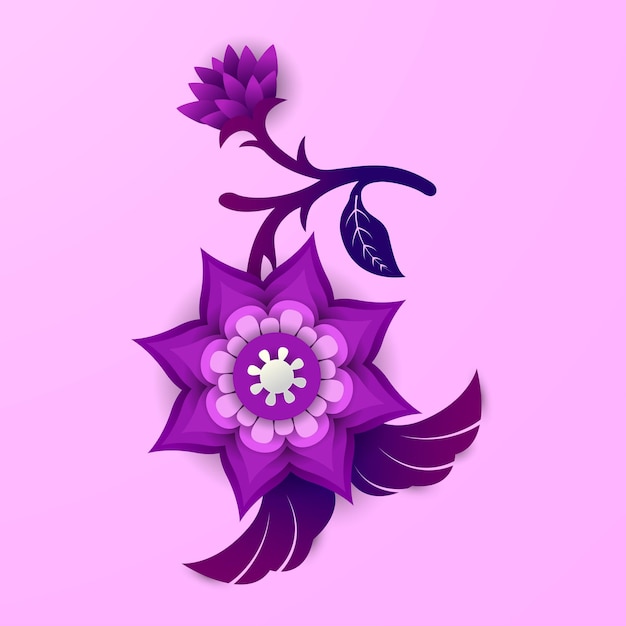 2d цветочный векторный бумажный стиль с фиолетовым градиентом