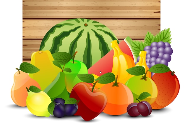 Vector 2d fruits design on wooden background