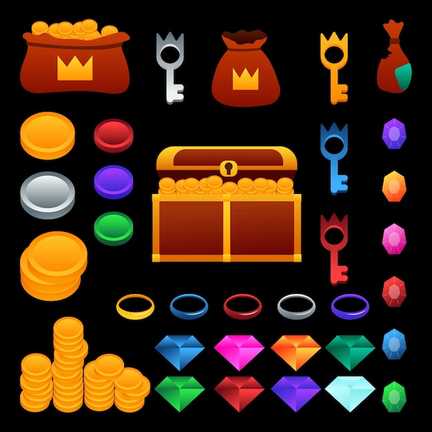 Vector 2d game set of objects money chest crown gold diamonds