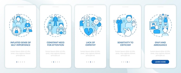 2D-iconen die codependent relatie vertegenwoordigen mobiele app scherm set Walkthrough 5 stappen blauwe grafische instructies met dunne lijn iconen concept UI UX GUI sjabloon