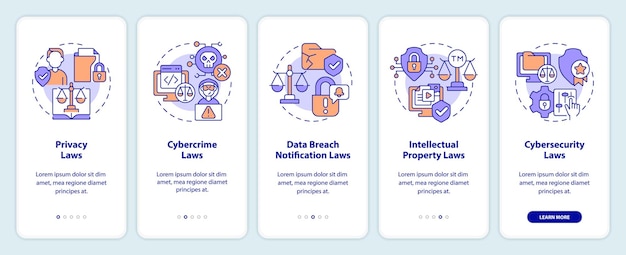 2D-iconen die cyberrecht vertegenwoordigen mobiele app scherm set Walkthrough 5 stappen kleurrijke grafische instructies met dunne lijn iconen concept UI UX GUI sjabloon