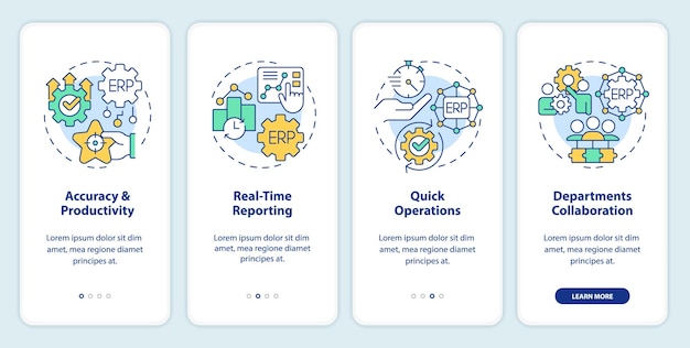 2D-iconen die de scherm van de mobiele app voor enterprise resource planning weergeven Walkthrough 4 stappen veelkleurige grafische instructies met dunne lijniconen concept UI UX GUI-sjabloon