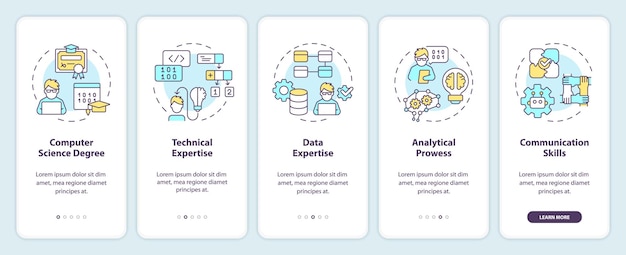 AI エンジニアのモバイル アプリ画面セットを表す 2D アイコン薄い線形アイコン コンセプト UI UX GUI テンプレートを使用したウォークスルー 5 ステップの多色グラフィック命令