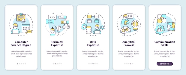 Vector 2d icons representing ai engineer mobile app screen set walkthrough 5 steps multicolor graphic instructions with thin linear icons concept ui ux gui template