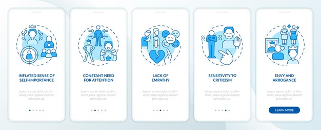 2D icons representing codependent relationship mobile app screen set Walkthrough 5 steps blue graphic instructions with thin line icons concept UI UX GUI template