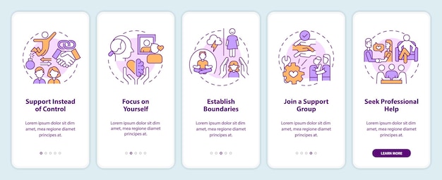 2D icons representing codependent relationship mobile app screen set Walkthrough 5 steps colorful graphic instructions with line icons concept UI UX GUI template