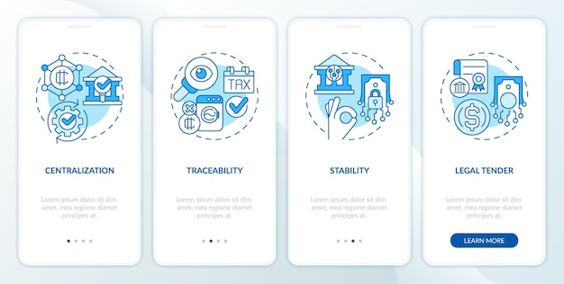 2D icons representing digital currency mobile app screen set Walkthrough 4 steps blue graphic instructions with line icons concept UI UX GUI template