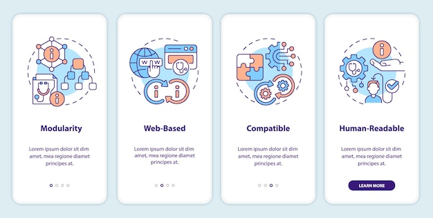 2D icons representing health interoperability resources mobile app screen set Walkthrough 4 steps multicolor graphic instructions with thin line icons concept UI UX GUI template