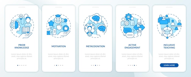 2D icons representing learning theories mobile app screen set Walkthrough 5 steps blue graphic instructions with line icons concept UI UX GUI template