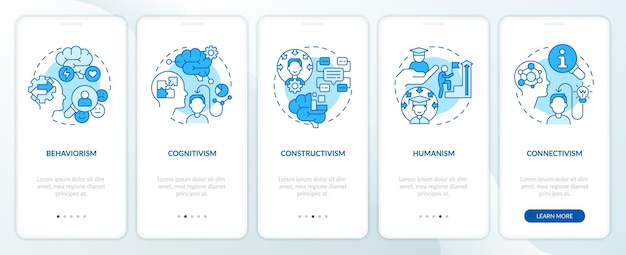 2D icons representing learning theories mobile app screen set Walkthrough 5 steps blue graphic instructions with thin line icons concept UI UX GUI template