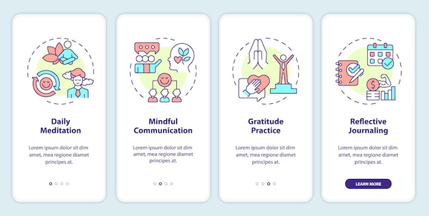 2D icons representing mindful entrepreneurship mobile app screen set