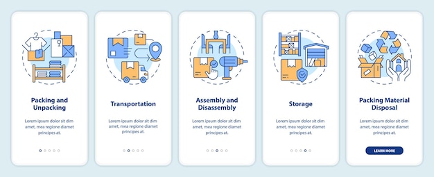 2D icons representing moving service mobile app screen set Walkthrough 5 steps colorful graphic instructions with linear icons concept UI UX GUI template