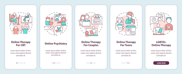 2D icons representing online therapy mobile app screen set