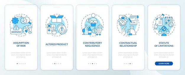 2D icons representing product liability mobile app screen set Walkthrough 5 steps blue graphic instructions with line icons concept UI UX GUI template