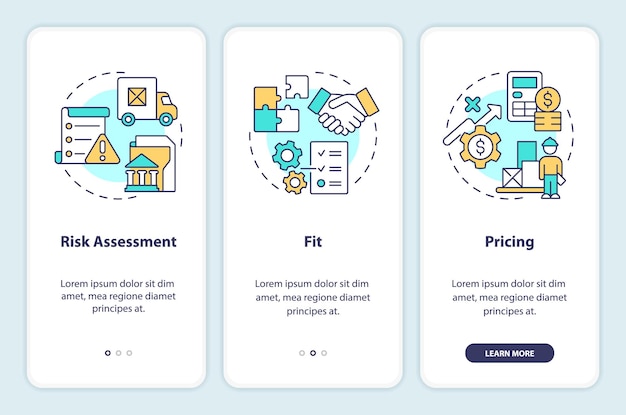 2D icons representing vendor management mobile app screen set Walkthrough 3 steps colorful graphic instructions with line icons concept UI UX GUI template