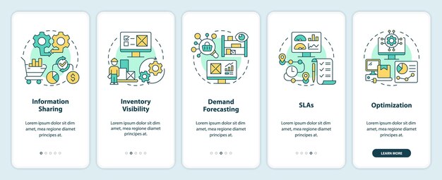 Icone 2d che rappresentano la gestione del fornitore set di schermate di app mobili walkthrough di 5 passaggi istruzioni grafiche colorate con icone di linea concetto ui ux modello gui