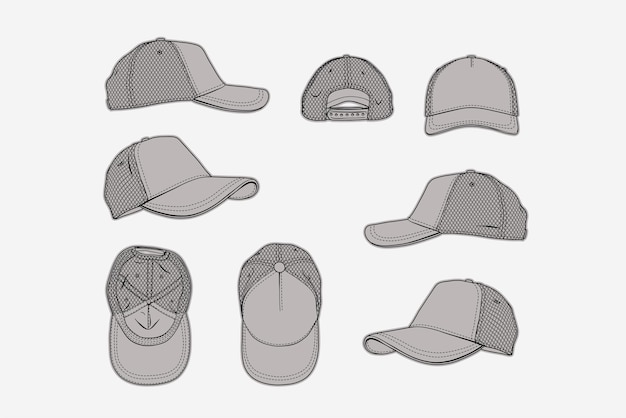 2d illustration of cap Outline vector image set Top front side and perspective view