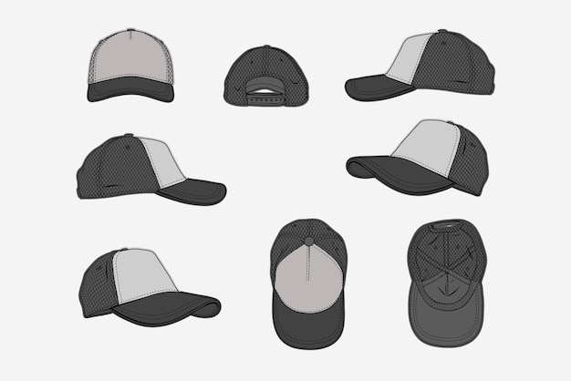 2d illustration of cap Outline vector image set Top front side and perspective view