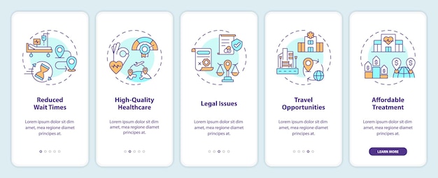 2D lineaire iconen die medische toerisme mobiele app scherm set Walkthrough 5 stappen veelkleurige grafische instructies met concept UI UX GUI sjabloon