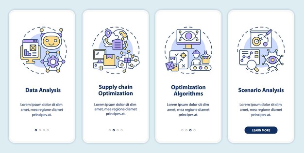 Le icone lineari 2d che rappresentano la schermata dell'app mobile in sovrapproduzione impostano le istruzioni grafiche in 4 passaggi modello gui ui ux