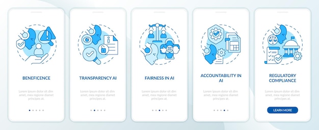 2D-pictogrammen die cyberwetgeving vertegenwoordigen mobiele app scherm set Walkthrough 5 stappen blauwe grafische instructies met lijnpictogrammen concept UI UX GUI sjabloon