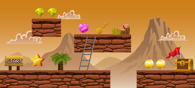 2D-spelplatformcartoon in scène met vulkanische bergen