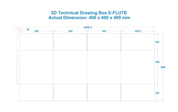 벡터 2d 기술 도면 상자 eflute 400 x 400 x 400mm