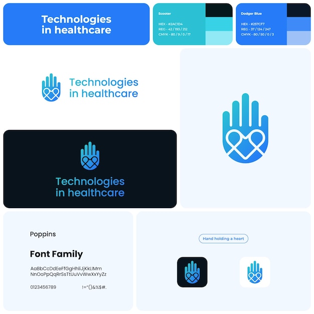 Vector 2d technologies in healthcare logo with brand name hand holding a heart icon design element and visual identity template with poppins font suitable for healthcare technology medical innovation