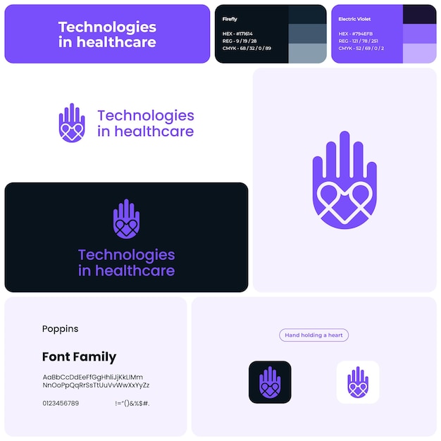 Вектор 2d-технологии в здравоохранении логотип с торговой маркой рука, держащая икону сердца дизайн-элемент визуальная идентичность шаблон с шрифтом poppins подходит для медицинских технологий медицинских инноваций
