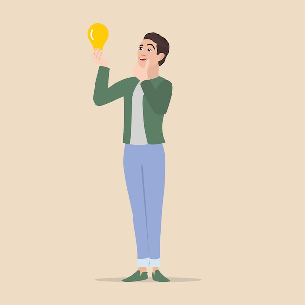 2D Vector cartoon Smart Businessman Holding lightbulb Help or Creative Thinking Idea Concept