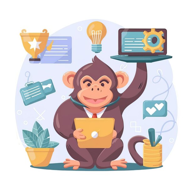 2d vector illustratie kleurrijke dieren aap bedrijf training en studie werk harde successen