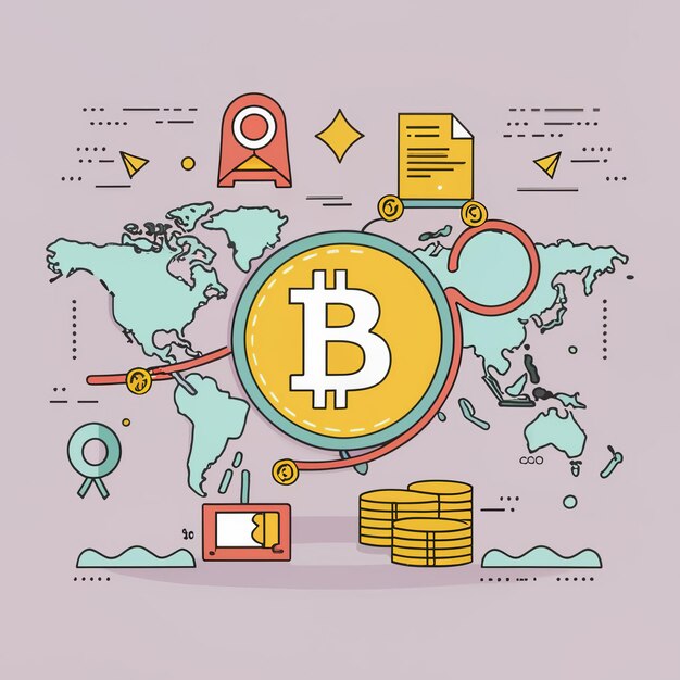 2d vector illustratie kleurrijke handel over de wereld kaart geld bitcoin crypto
