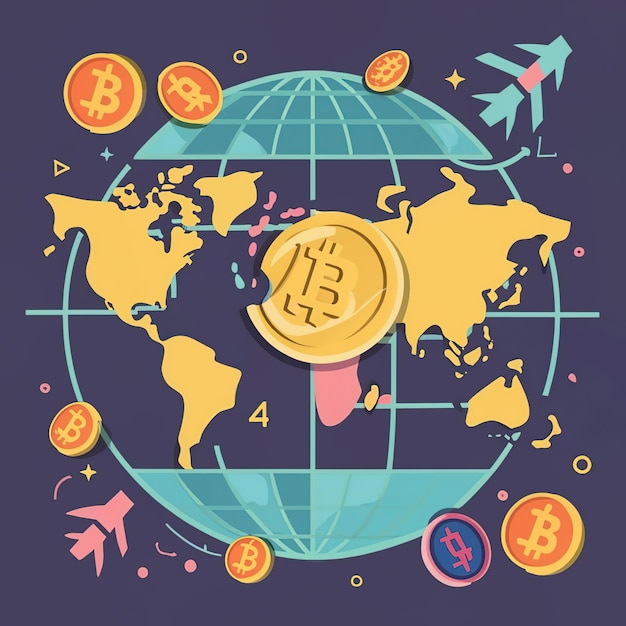 2d vector illustratie kleurrijke handel over de wereld kaart geld bitcoin crypto