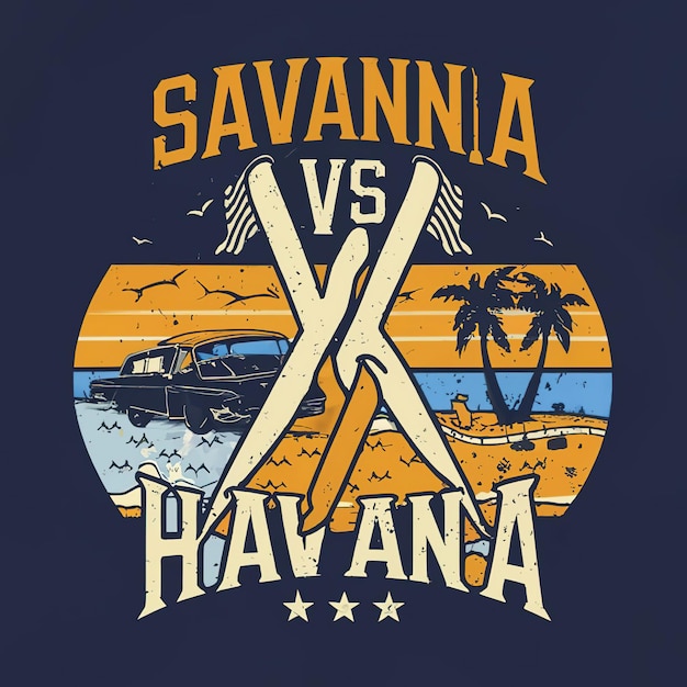 2d vector illustratie t-shirt ontwerp met lettering savanne versus Havana met vlag element strand