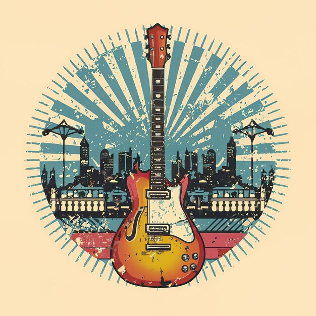 Vector 2d vector illustration art retro guitar with trees and city on the background summer t shirt