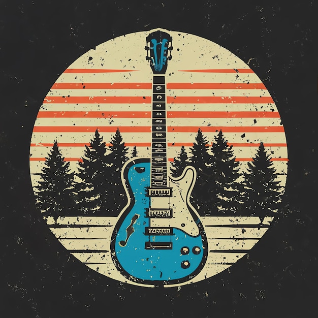 Vector 2d vector illustration art retro guitar with trees and city on the background summer t shirt