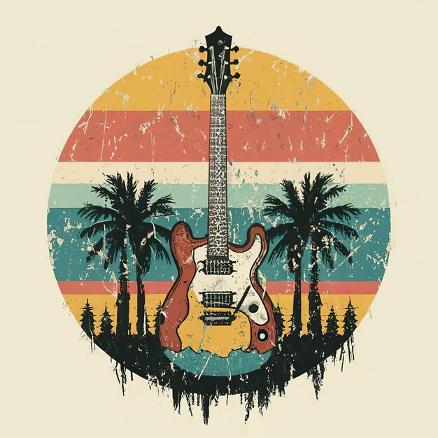 2Dベクトルイラスト 樹木と街の背景のレトロギター 夏のTシャツデザイン