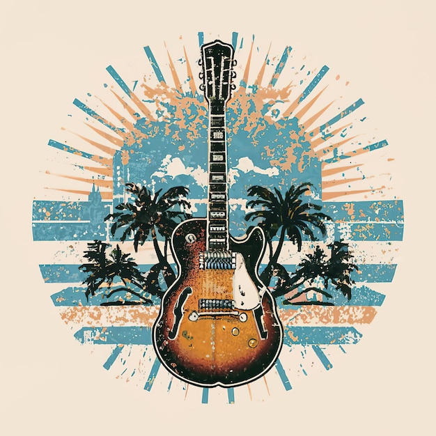 Vector 2d vector illustration art retro guitar with trees and city on the background summer tshirt desig