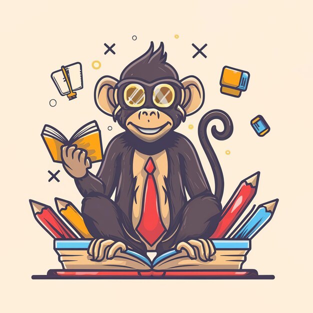 2d vector illustration colorful animal monkey business TRAINING and study work hard successes