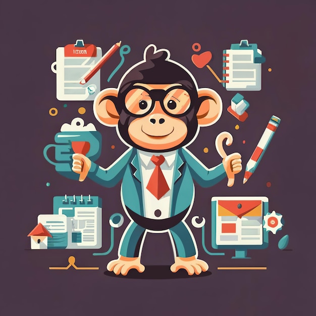 2d vector illustration colorful animal monkey business TRAINING and study work hard successes