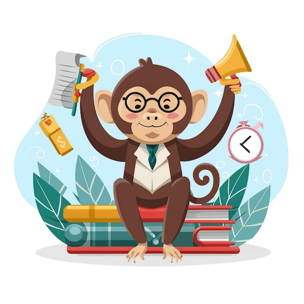 Vector 2d vector illustration colorful animal monkey business training and study work hard successes