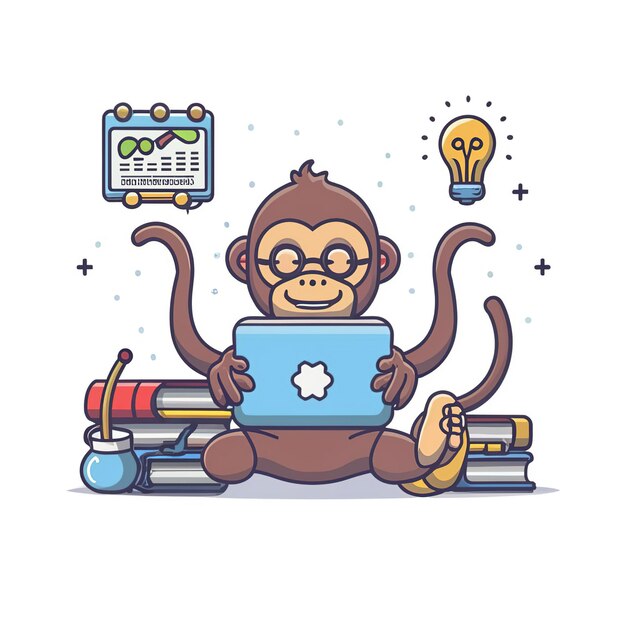 Vettore illustrazione vettoriale 2d animali colorati scimmia affari addestramento e studio lavoro duro successi