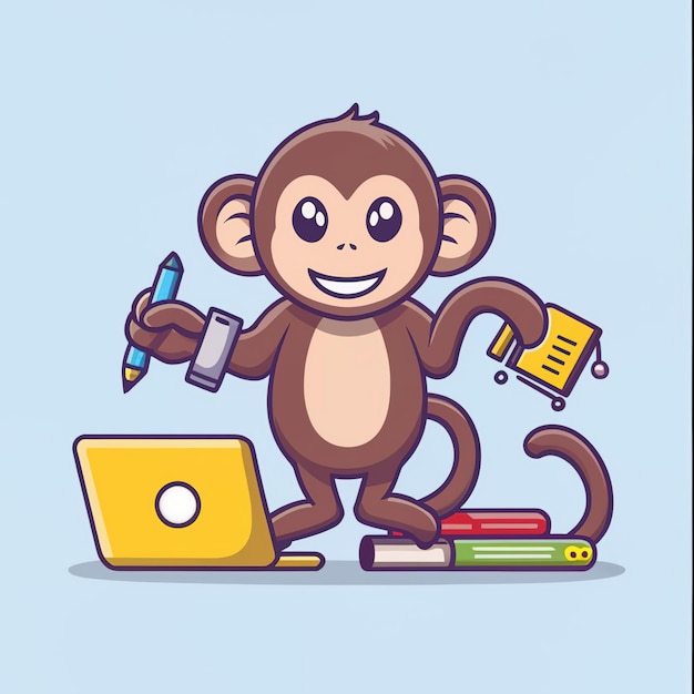 2Dベクトルイラスト 色とりどりの動物猿ビジネストレーニング勉強仕事努力成功