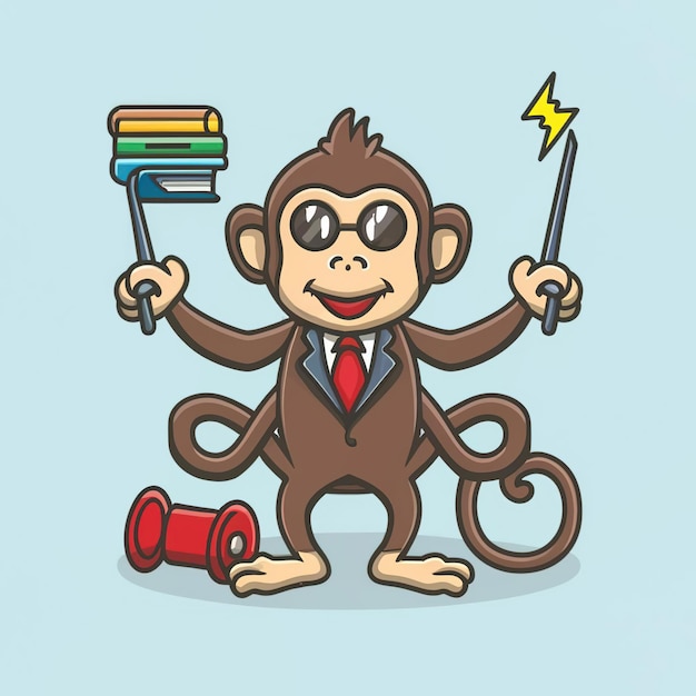 Vector 2d vector illustration colorful animal monkey business training and study work hard successes