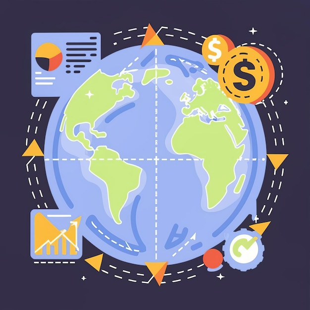 2d vector illustration colorful economy trading flow cash money linked with curved dash line over t