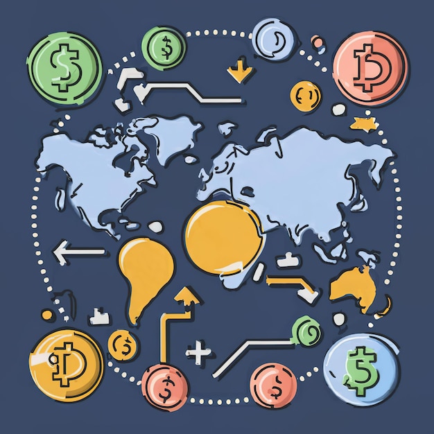 2d vector illustration colorful economy trading flow cash money linked with curved dash line