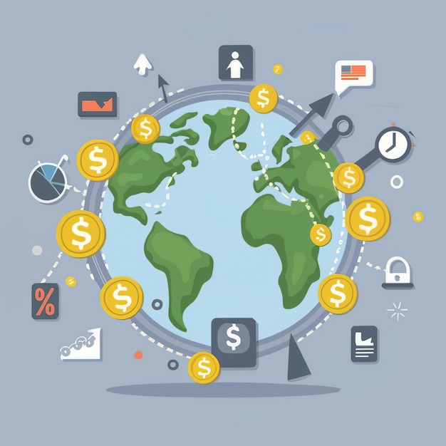 2d vector illustration colorful economy trading flow cash money linked with curved dash line